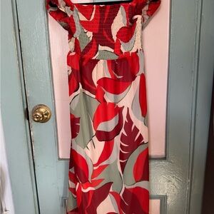 Vibrant Red and White Leaf Print Dress